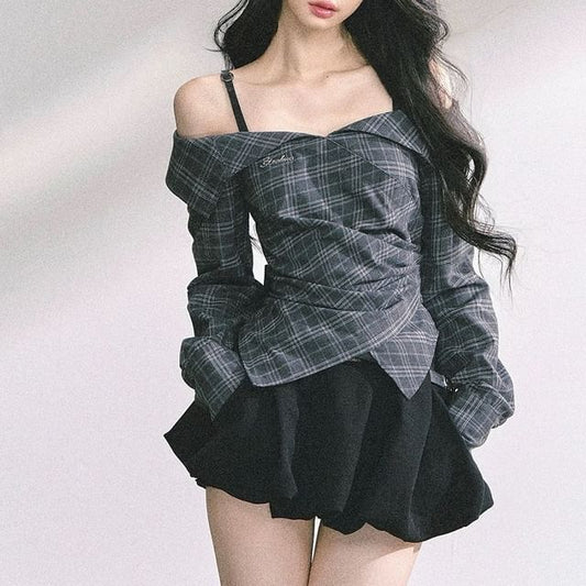 Long-Sleeve Cold-Shoulder Plaid Ruched Asymmetrical Shirt / High Waist Plain Bubble Hem Mini A-Line Skirt