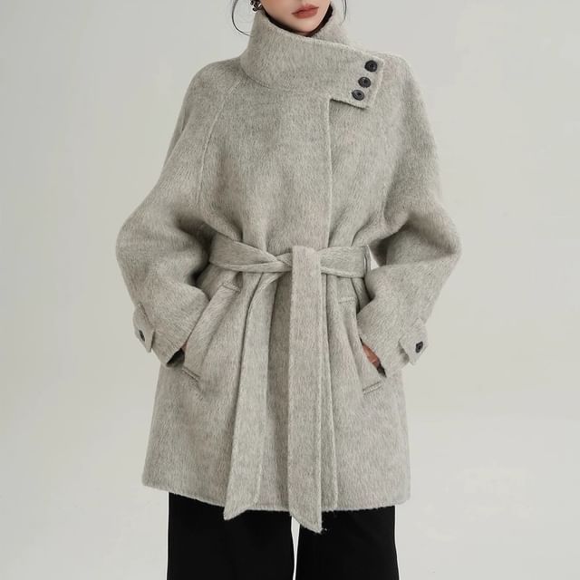 Stand Collar Fluffy Sashed Coat