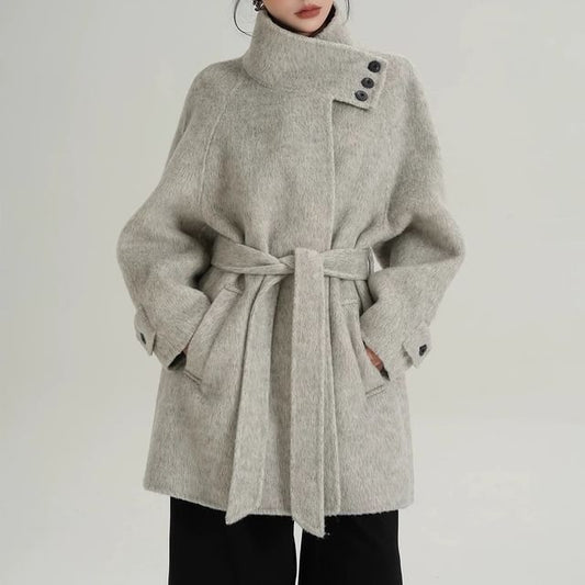 Stand Collar Fluffy Sashed Coat