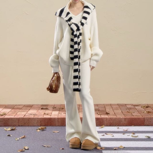 V-Neck Embroidered Ribbed Sweater / Drawstring Waist Plain Bootcut Pants / Striped Scarf