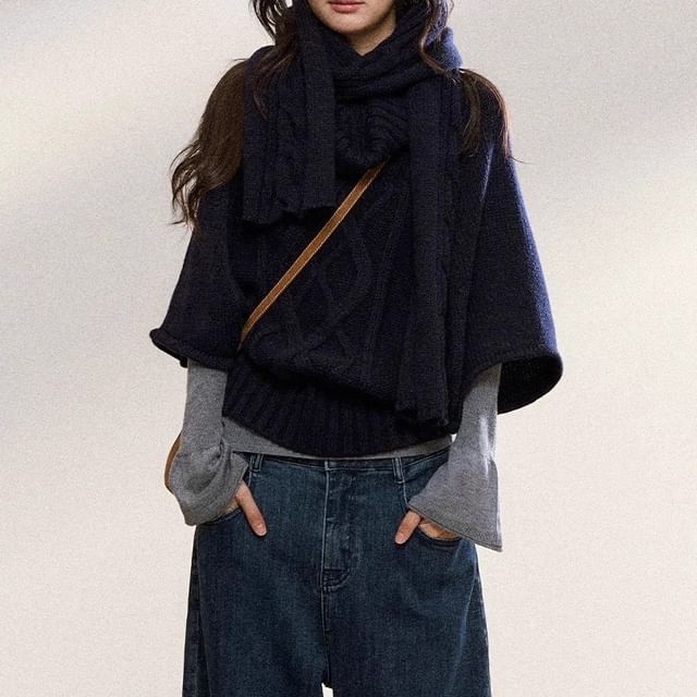 Long-Sleeve Mock Neck Melange Knit Top / 3/4-Sleeve Plain Sweater / Scarf / Set