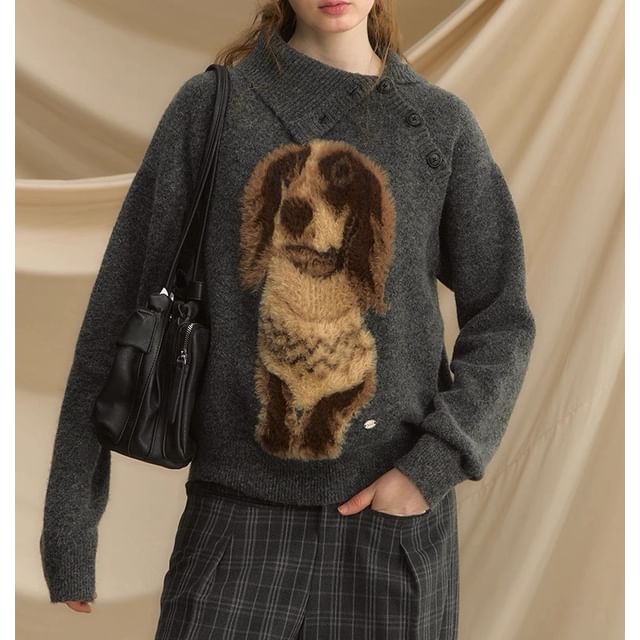 Collar Asymmetrical Henley Dog Jacquard Sweater