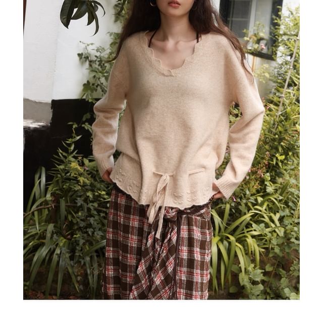 V-Neck Melange Drawstring Sweater