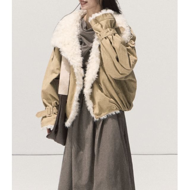 Collar Two Tone Fleece-Lined Double-Breasted Jacket