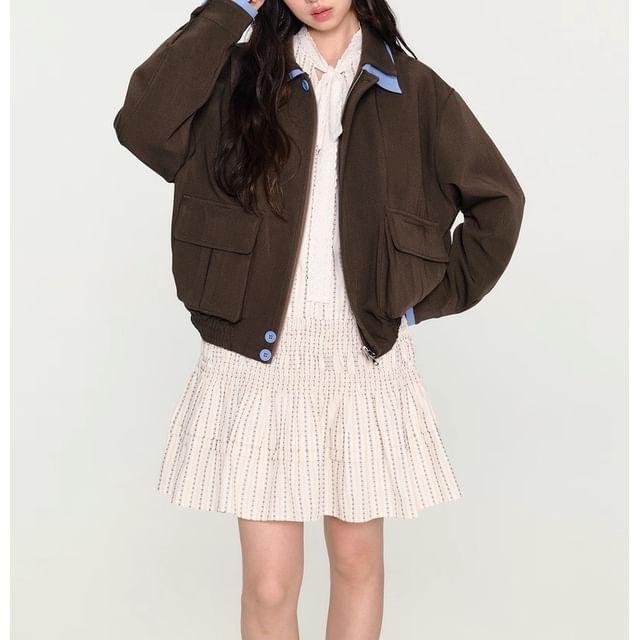 Collar Contrast Trim Zip Jacket / High Rise Pleated A-Line Skirt