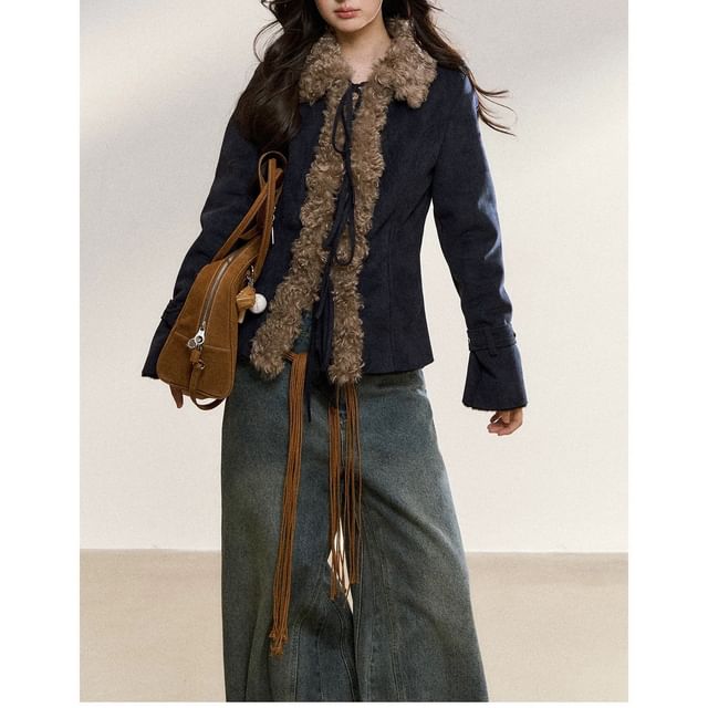 Collar Fluffy Trim Tie Front Jacket