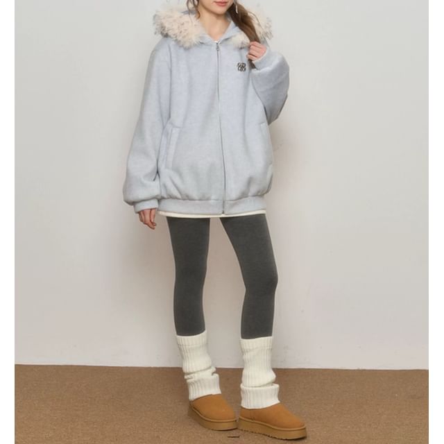 Melange Contrast Fluffy Trim Zip Hoodie