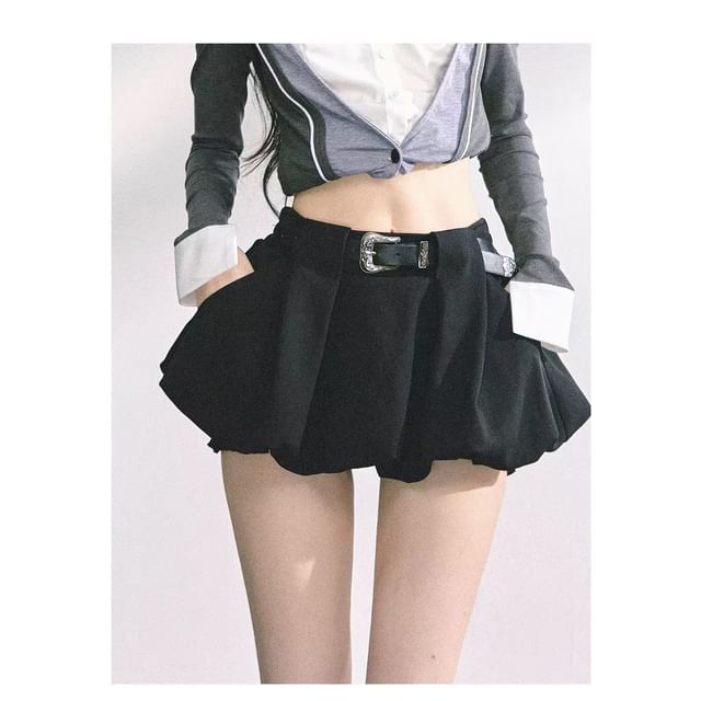 Long-Sleeve Cold-Shoulder Plaid Ruched Asymmetrical Shirt / High Waist Plain Bubble Hem Mini A-Line Skirt