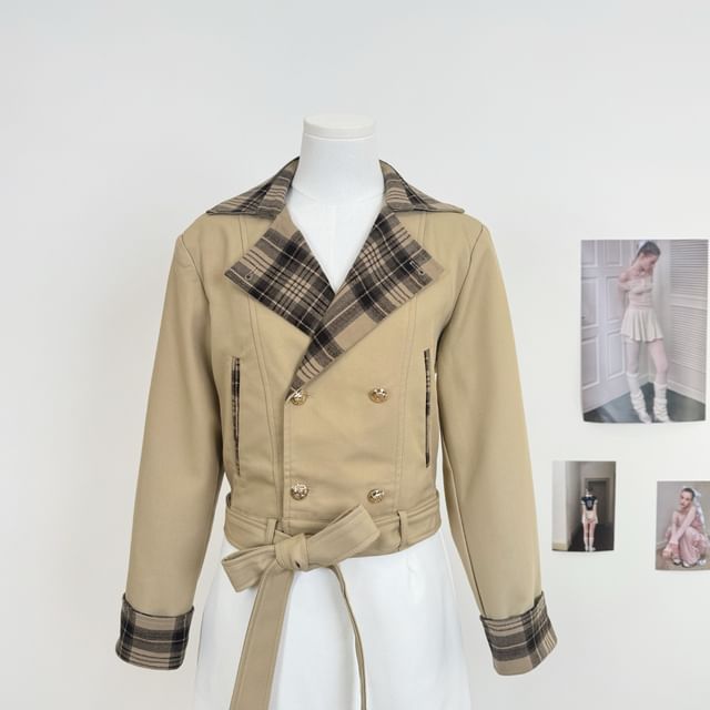 Notch Lapel Plaid Panel Cropped Double-Breasted Trench Jacket / High Waist Mini A-Line Skirt