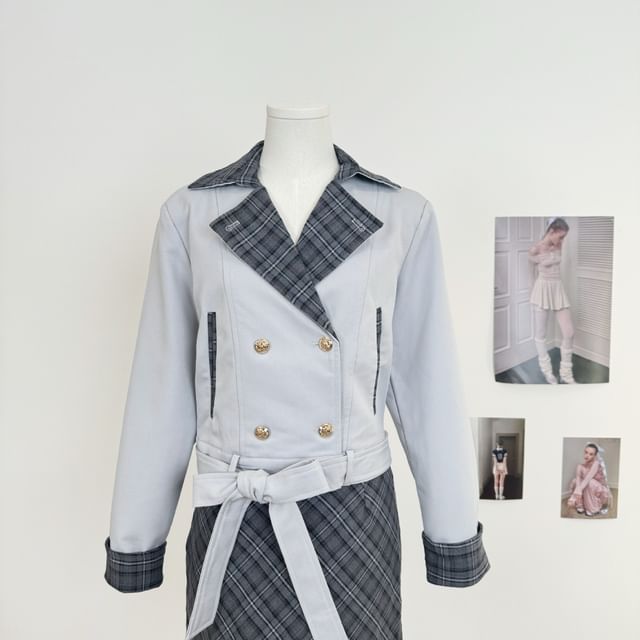 Notch Lapel Plaid Panel Cropped Double-Breasted Trench Jacket / High Waist Mini A-Line Skirt