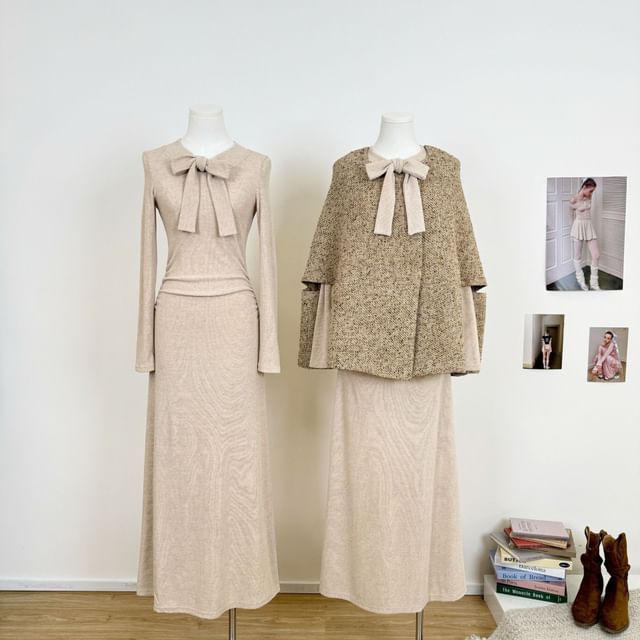 Round Neck Melange Cape / Long-Sleeve Bow Midi A-Line Knit Dress