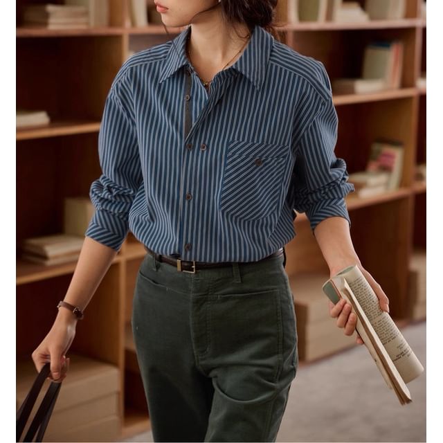 Long-Sleeve Striped Pocket Detail Shirt