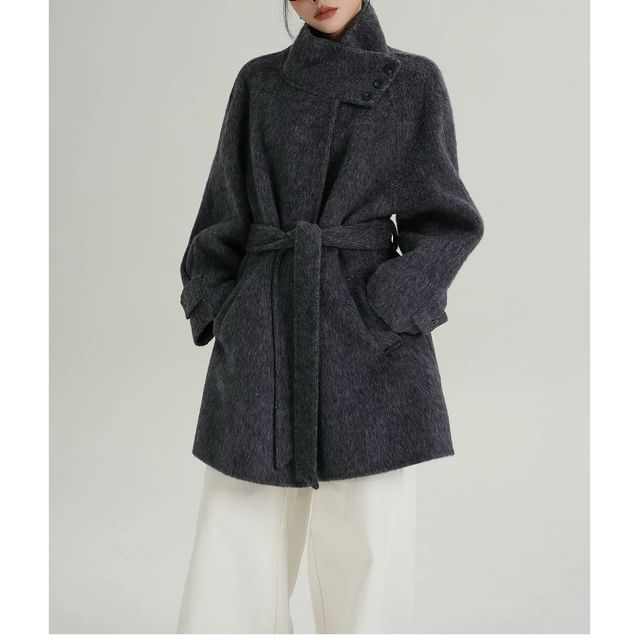 Stand Collar Fluffy Sashed Coat
