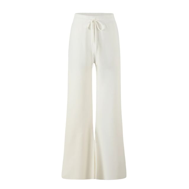 V-Neck Embroidered Ribbed Sweater / Drawstring Waist Plain Bootcut Pants / Striped Scarf