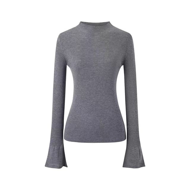 Long-Sleeve Mock Neck Melange Knit Top / 3/4-Sleeve Plain Sweater / Scarf / Set
