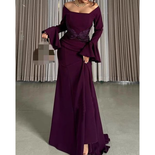 Bell Sleeve Off Shoulder Ruched Panel Satin Maxi Mermaid Dress