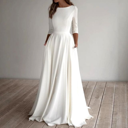 3/4 Sleeve Boat Neck Plain Pocket Maxi A-Line Dress