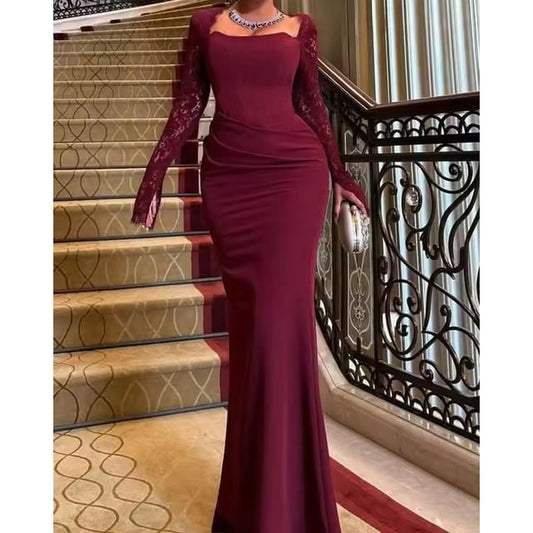 Long Sleeve Square Neck Plain Cutout Back Panel Lace Maxi Sheath Dress