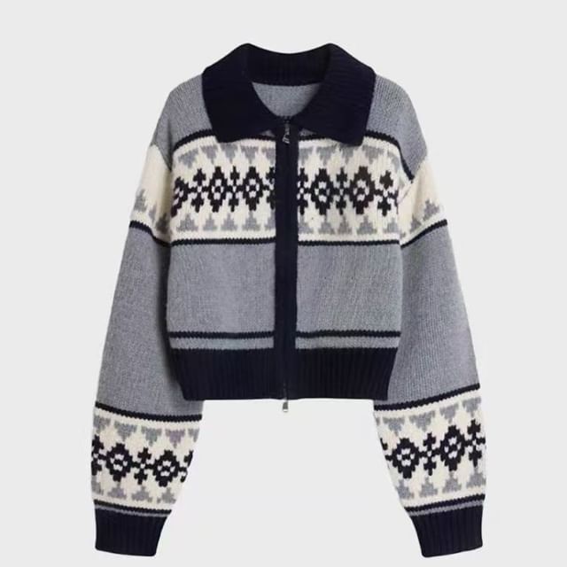 Jacquard Zip-Up Cardigan