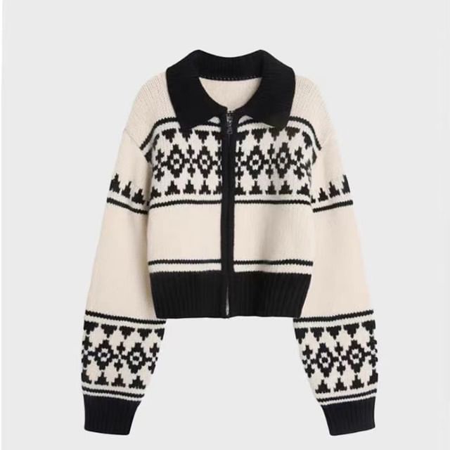Jacquard Zip-Up Cardigan