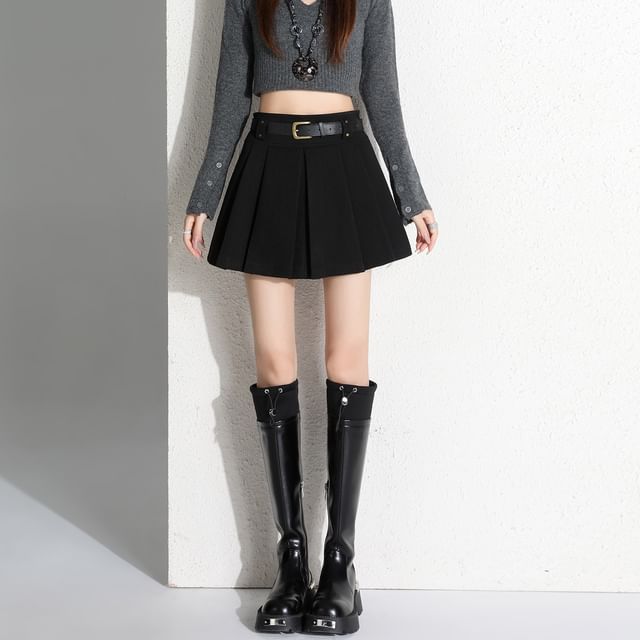 High Waist Plain Mini Pleated Skirt