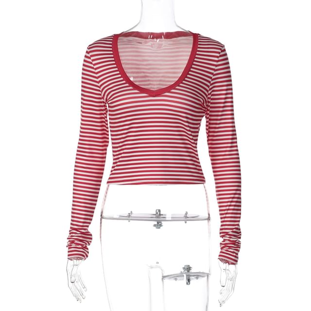 Striped Slim Cropped T-Shirt with V-Neck & Long Sleeves