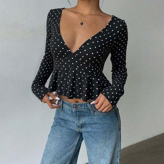 Polka Dot Peplum Crop Top with V-Neck & Long Sleeves