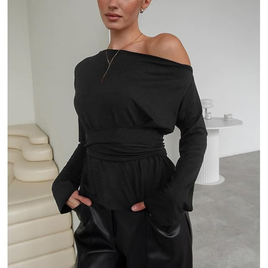 Off-Shoulder Plain Tie-Waist T-Shirt with Long Sleeves