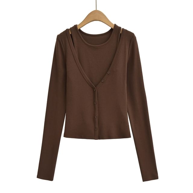 Set: Crew Neck Plain Crop Tank Top + V-Neck Button-Up Cardigan