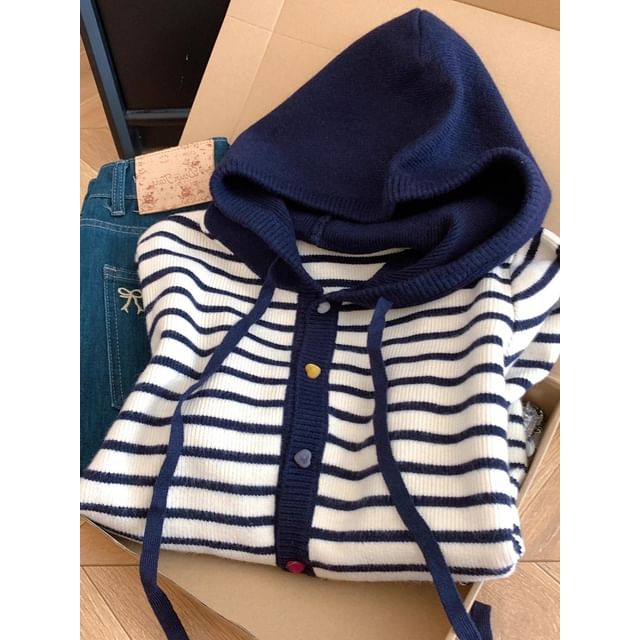 Striped Drawstring Hooded Cardigan