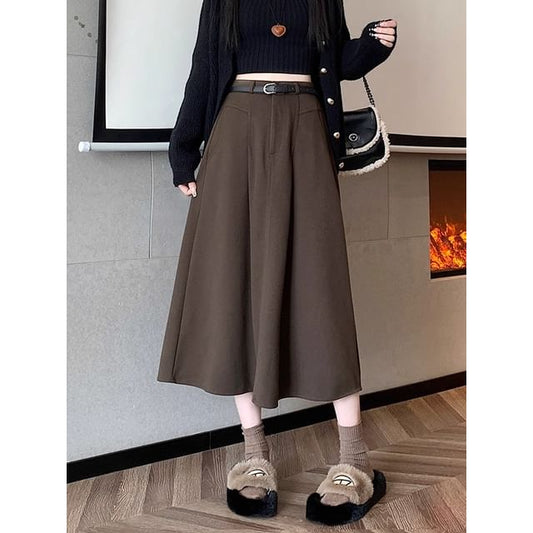 High Waist Plain Midi A-Line Skirt