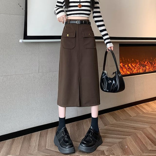 High Rise Plain Midi Skirt