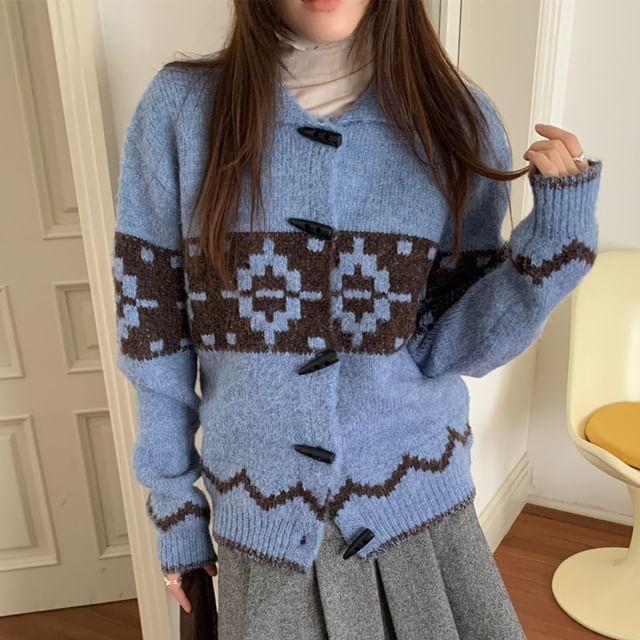 Collared Jacquard Toggle Cardigan