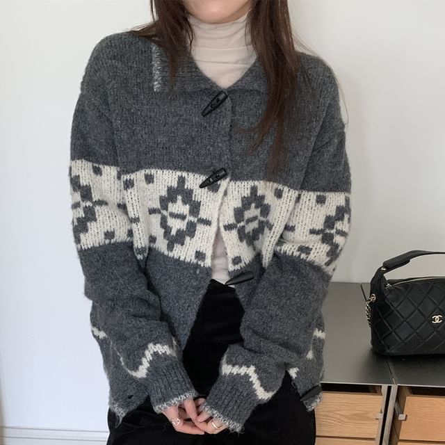 Collared Jacquard Toggle Cardigan