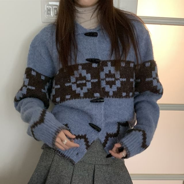 Collared Jacquard Toggle Cardigan