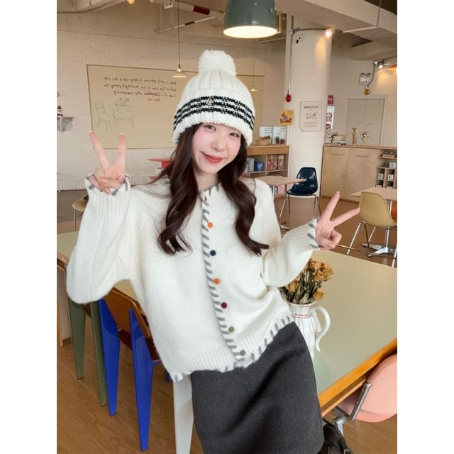 Contrast Stitching Button-Up Cardigan