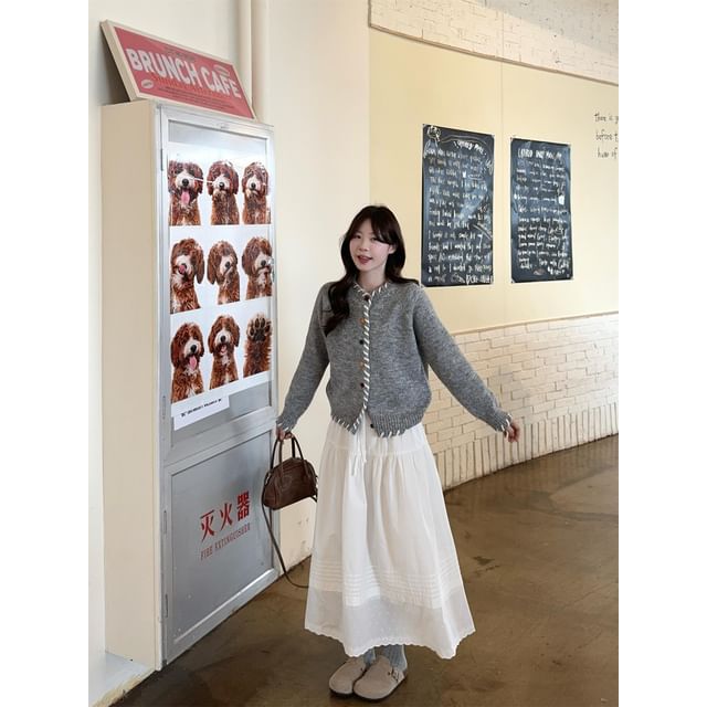 Contrast Stitching Button-Up Cardigan