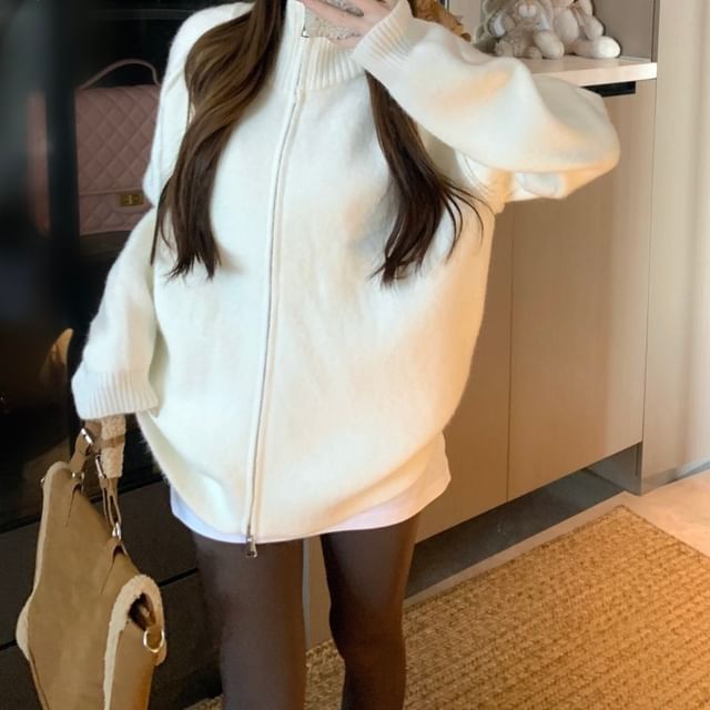 Zip-Up Plain Cardigan
