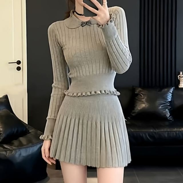 Collared Knit Top and Pleated Mini Skirt Set