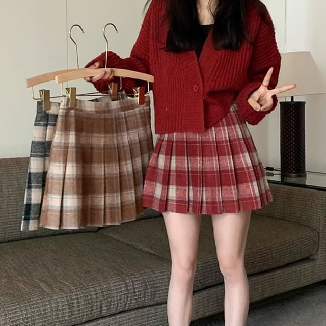 Plaid Mini Pleated Skirt with High Waist