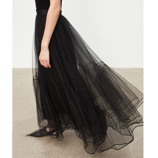 Layered Mesh Midi A-Line Skirt with High Waist
