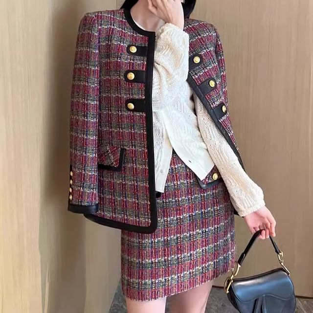 Crew Neck Faux Leather Panel Contrast Trim Tweed Jacket / High Waist Mini A-Line Skirt