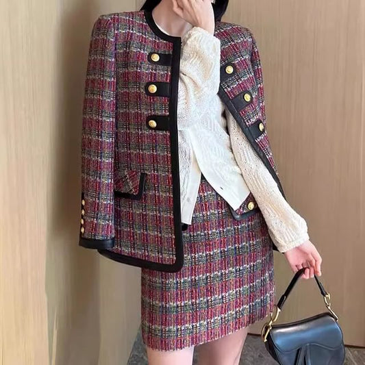 Crew Neck Faux Leather Panel Contrast Trim Tweed Jacket / High Waist Mini A-Line Skirt