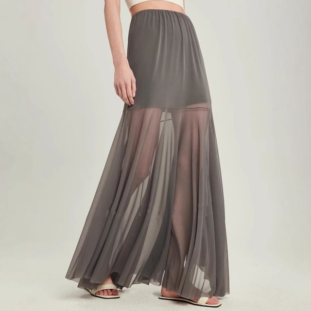 Mesh Panel See-Through Maxi A-Line Skirt with High Waist