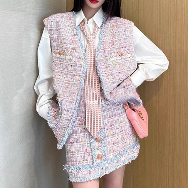 V-Neck Fringed Tweed Vest and Mini Shift Dress and A-Line Skirt