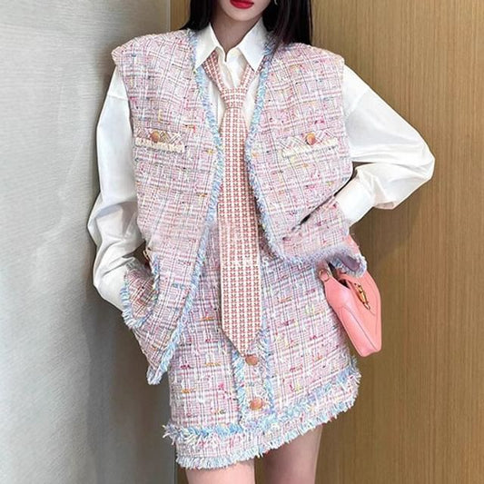 V-Neck Fringed Tweed Vest and Mini Shift Dress and A-Line Skirt