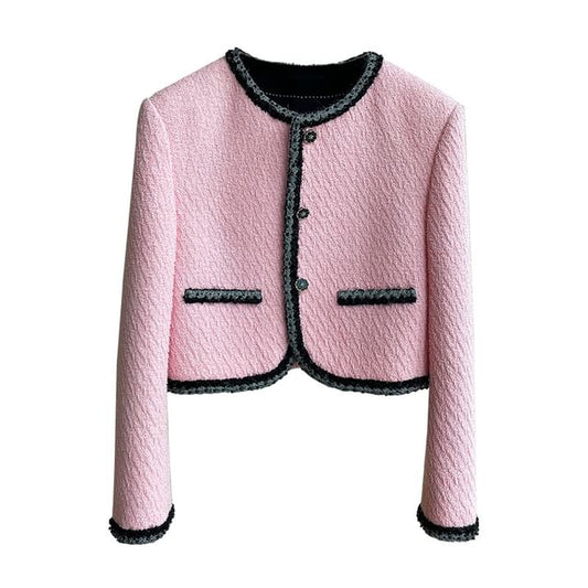 Crew Neck Contrast Trim Button-Up Tweed Crop Jacket