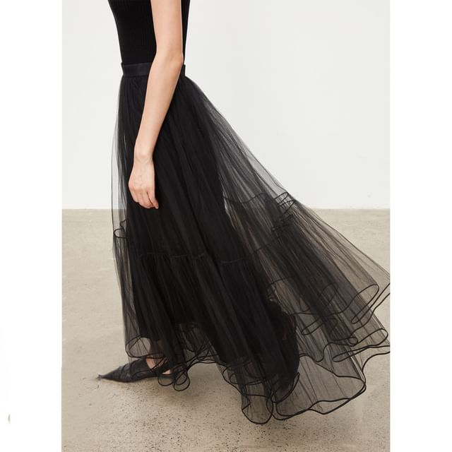 Layered Mesh Midi A-Line Skirt with High Waist