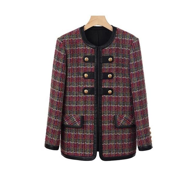 Crew Neck Faux Leather Panel Contrast Trim Tweed Jacket / High Waist Mini A-Line Skirt