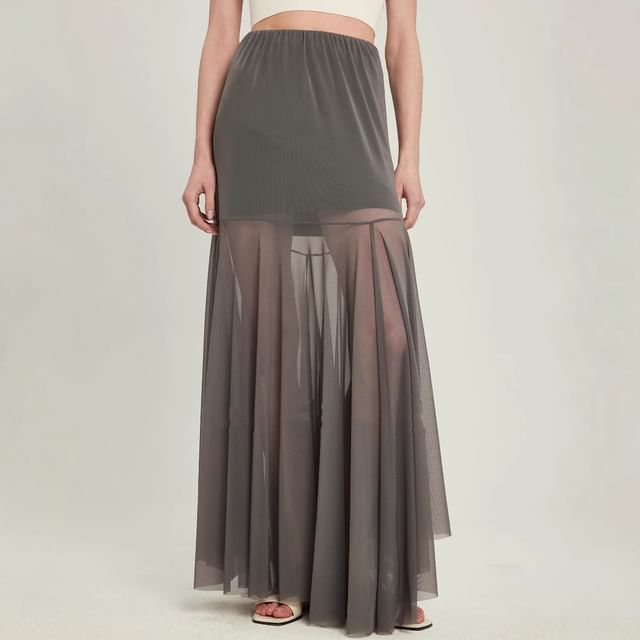 Mesh Panel See-Through Maxi A-Line Skirt with High Waist
